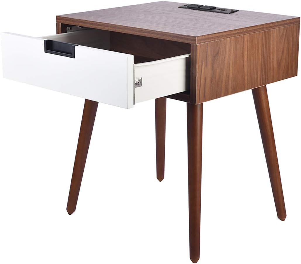 Nightstand End Table with USB Power Plug & LED Sensor Light, Frylr Bedside Table with Drawer Storage for Bedroom, Living Room Sofa, Light Walnut and White
