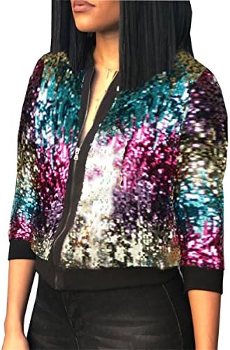 Womens Sparkly Short Jackets Long Sleeve Sequins Zipper Party Clubwear Outwear Coats