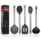 Silicone Cooking Kitchen Utensil Set 5 Pcs - Non Stick Stainless Steel Silicone Serving Utensils (Ladle, Slotted Turner, Spatula, Serving Spoon, Skimmer) For Cooking/Baking/BBQ, BPA Free & FDA