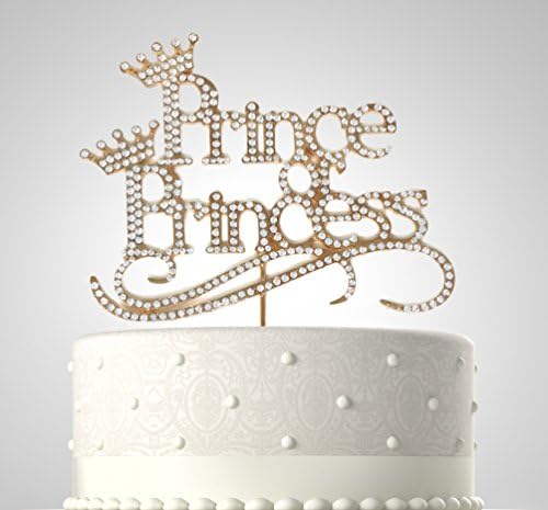 Rubies &amp; Ribbons Prince or Princess Gold Metal with Rhinestones Baby Shower Cake Topper Party Decoration with Gift Box