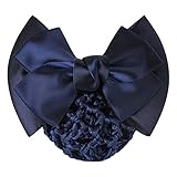 Braceus Womens Ruched Bowknot Decor Snood Net Bun Cover Barrette Hair Clip - Blue