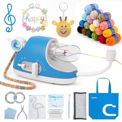 Caydo Juego de molino de ganchillo eléctrico, máquina de tejer profesional, muy eficiente, fabricación automática de mangueras de punto, cuerda decorativa con potente velocidad ajustable