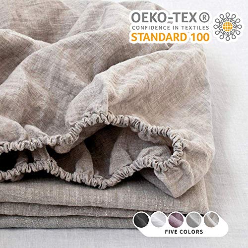 King Linens 100% Linen Fitted Sheet Solid Color Stone Washed Simple Soft Farmhouse (Queen, Linen) - Thumbnail 7