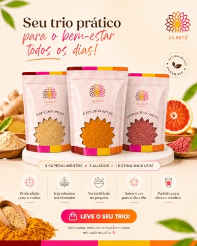 Shot Matinal em Pó – Cúrcuma, Gengibre e Laranja Moro em pó | Aumenta Imunidade, Detox Diário e Termogênico Natural | Kit Ca.nuts