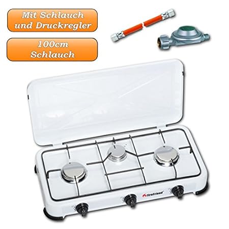 Camping Gaskocher mit Druckregler + 1/4' Anschlussschlauch, 3 Edelstahlbrenner, Farbe: weiss