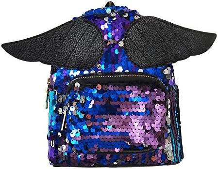 CFPACR Shiny Sequin Zipper Shoulder Bag Wings Backpack Girl School Shopping Handbag - Blue