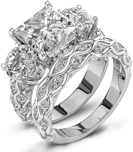 UOKOHO 2 PCS Platinum Plated Princess Cut Synthetic Diamond Halo Cubic Zirconia CZ Infinity Wedding Bridal Ring Set Size 10
