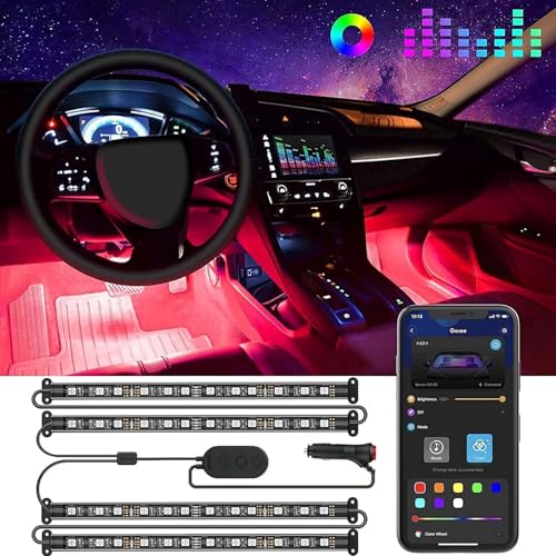 Govee LED Interior Lighting Car, 4 Pieces, 48 Strip, Upgrade Two-Line Design, Waterproof Lighting App Controllable Multicoloured Music with Cigarette Lighter, 12 V | 16M DIY-Farben, 4pcs 48 Strip Zigarettenanzünder mit Speicherfunktion, Wasserdichte, Kurzschlussschutz, SUV & Limousine, 12V