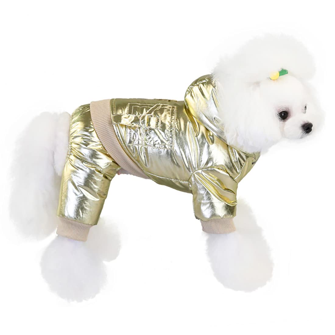 Izefia Dog Windproof Jacket - Cold Weather 4 Legs Warm Jumpsuit Winter Thick Clothes Space Cotton Coat for Small Medium Dogs Cats - Gold M