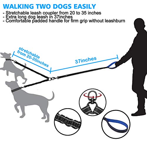 haapaw Two Dog Leash Coupler - 2 Dog Leash Tangle Free, Stretchable from 20 to 35 Inch â€“ Comfortable Handle Dual Dog Leash for 2 Dogs with a Free Collapsible Dog Bowl (Black/Blue, 0-30lbs Dogs)