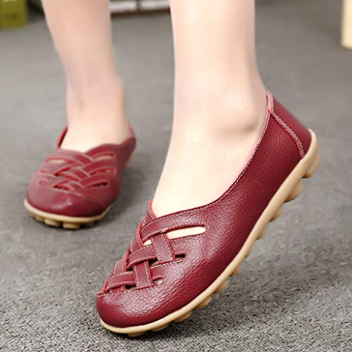 Aunimeifly Mom Casual Shoes Female Soft Leather Criss-Cross Hollow Out Peas Flat Shoe Women Summer Sandals Red