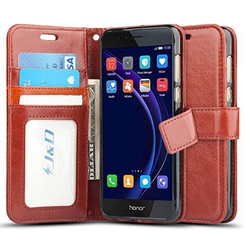 Huawei Honor 8 Case, J&D [Wallet Stand] [Slim Fit] Heavy Duty Protective Shock Resistant Flip Cover Wallet Case for Huawei Honor 8 - Brown