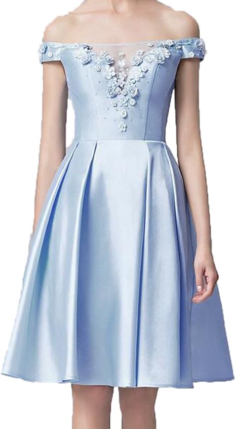 Amazon Sipei サテン オフショルダー 花飾り ｖ バック ワンピース ドレス ミニ 礼服 パーティー 二次会 フォーマル スカイブルー オーダー可 Us2 イブニングドレス 通販