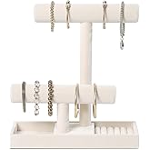 ByKen Multi-Functional 2 Tier Jewelry Holder,Necklace Bracelet Holder with Earrings Rings Tray,Jewelry Organizer Stand for Scrunchie Watches(Beige Velvet)