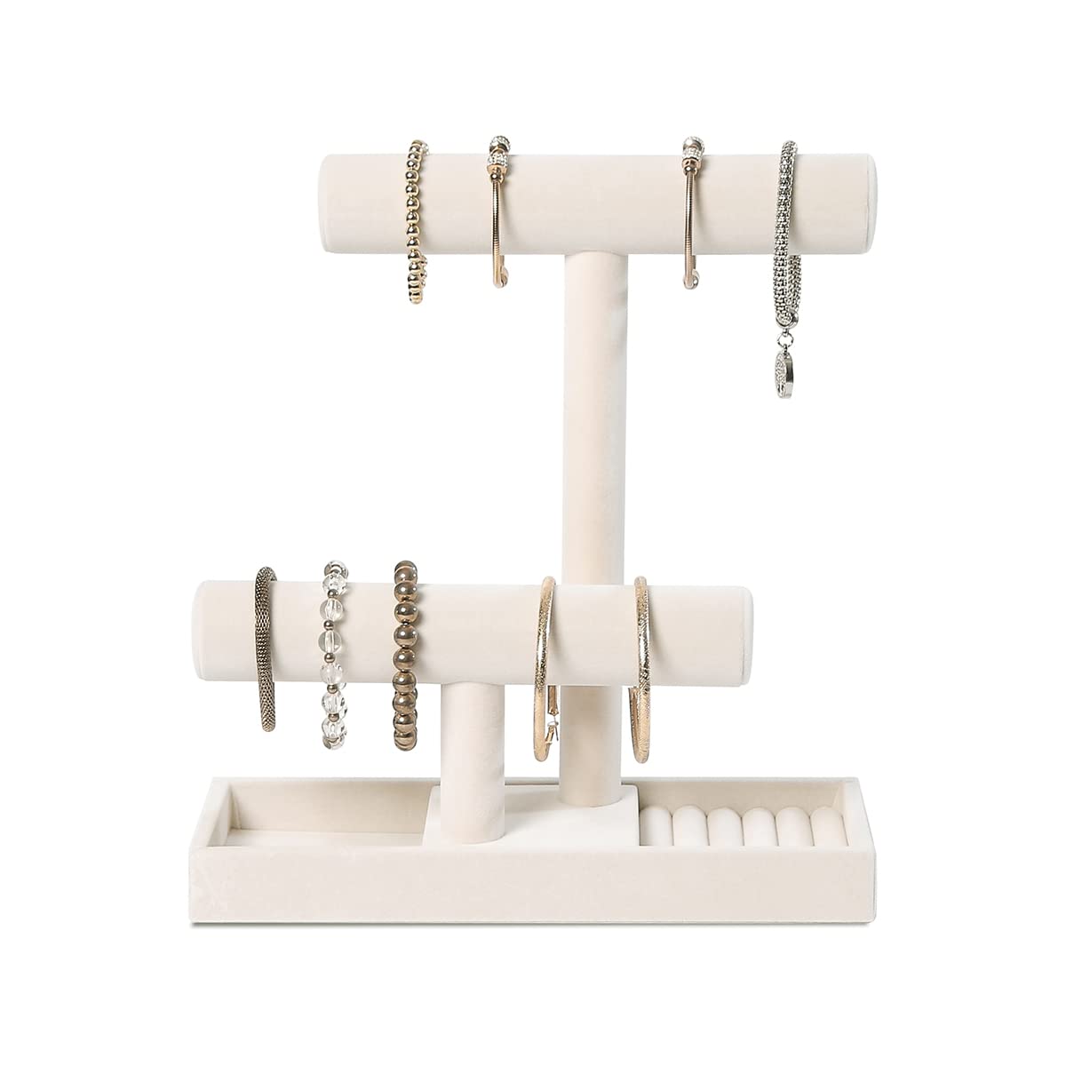 Photo 1 of ByKen Multi-Functional 2 Tier Jewelry Holder,Necklace Bracelet Holder with Earrings Rings Tray,Jewelry Organizer Stand for Scrunchie Watches(Beige Velvet)