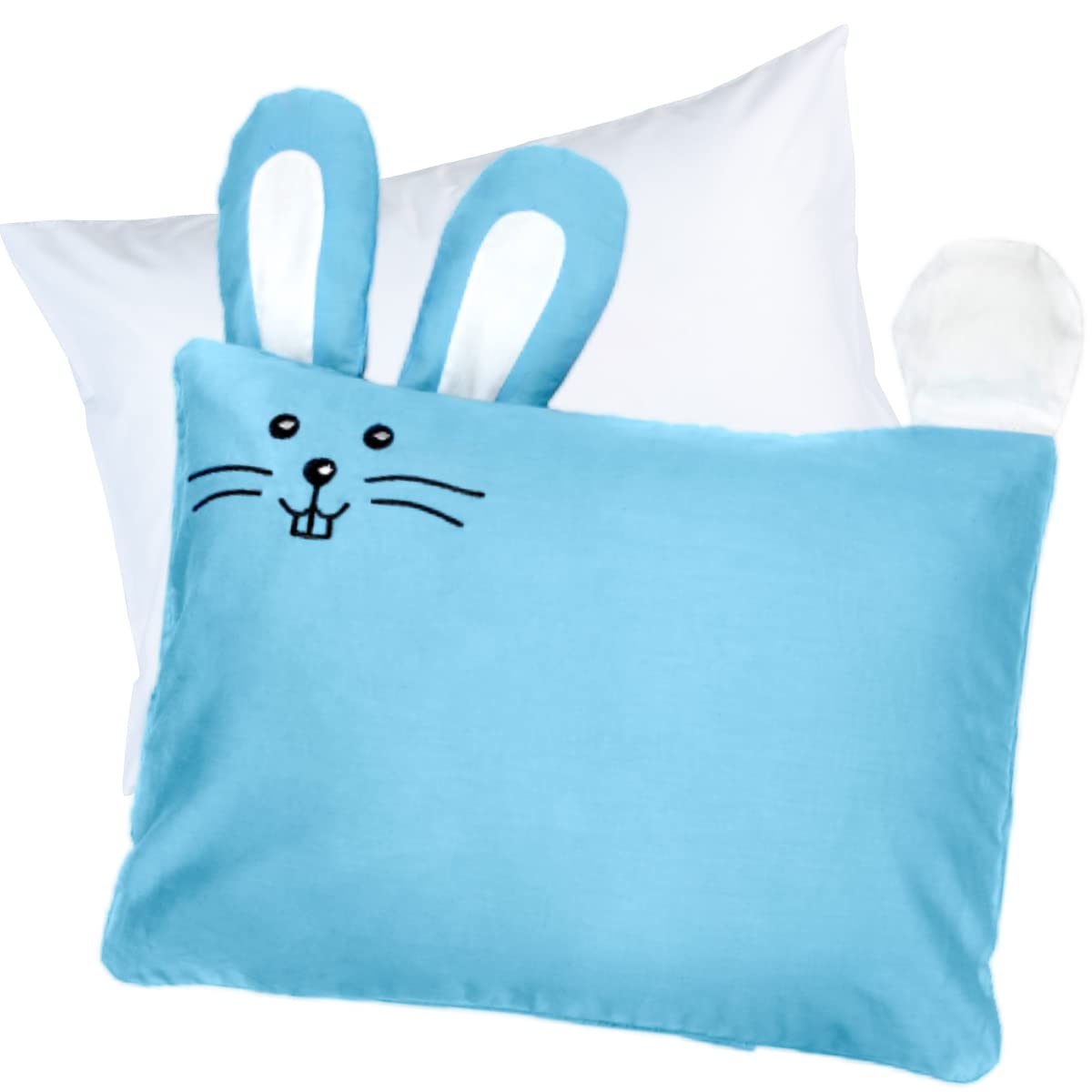 kinder Fluff Children Pillow with Pillowcase Blue Bunny Design - 33x46cm Durable, Hypoallergenic & Machine Washable with Envelope Closure. Perfect for Kids Bed Set & Travel - Blue