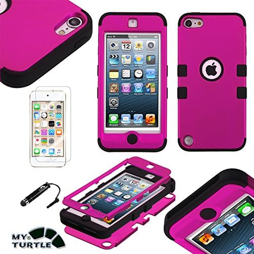 MyTurtle Shockproof Hybrid 3-Layer Hard Silicone Shell Cover with Stylus Pen and Screen Protector for iPod Touch 5th 6th Generation, Hot Pink Black