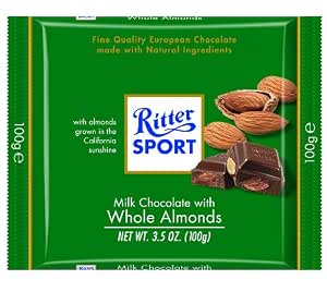 Ritter Sport Milk chocolate with whole almonds sugar, almonds, cocoa Butter, chocolate liquor, Cream, skim Milk, whey (Milk), l (050255023002)