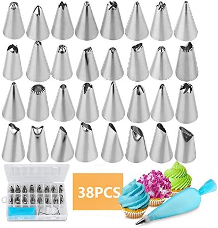 Cake Decorating Tips Kit, Icing Piping Tips 38pcs Nozzles Set with 32 Pastry Tips, Silicone Pastry Bags, Coupler and Flower Nails, with Storage Case for Cookie, Cupcakes and Cakes Decoration