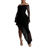 Cigrimi Elegant Floral Lace Mesh Dress Long Sleeve Off Shoulder Ruffle Hem Bodycon Party Cocktail Dress