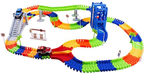 Race Car Track Set Toy Educational Twisted Flexible Tracks 240 Pcs 2 Cars Toy with Lifter, Bridge ,Trees, Gas Station for Kids Children Toys