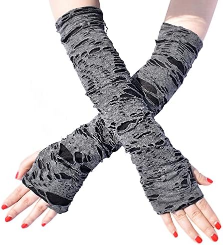 HeiBai Xiong Punk Ripped Arm Warmers For Women Goth Fingerless Arm