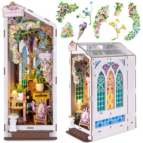 Book Nook Kits for Adults, Miniature House Dollhouse Kit for Teens, DIY Crafts for Adults, Bookshelf Decor Garden House with LED Light, Gifts for Family and Friends