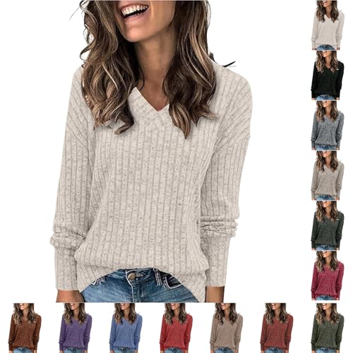 Nuaoxyeu Womens Black Jumper Jumpers for Women UK V Neck Ribbed Sweater Winter Warm Long Sleeve Sweatshirt Solid Color Baggy Pullover Lightweight Cozy Shirts Winter Sweaters for Women UK