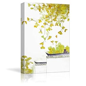 Canvas Wall Art - A Cat Sitting on Tradition Chinese Wall Under Yellow Ginkgo Leaves - Watercolor Painting Style Art Reproduction - Modern Home Decoration - 12"x18"