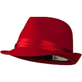 Fedora with Pleated Satin Band - Red OSFM | Wide brim, lined interior, polyester wool blend, thick soft warm feel, one size, hand wash
