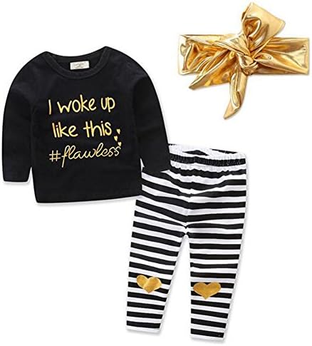 3Pcs Suit Set，Letter Printed Black Top+Stripe Pants+Gold Headband For Baby Toddler Girl (6-12 Month, Black)