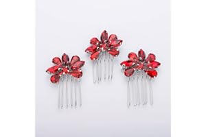 Teyglen Simple Rhinestones Crystal Bride Wedding Hair Comb Set Handmade Red Blue Black Crystal Side Hair Combs Bridal Hair Jewelry Set for Women Bride Girls (Red)