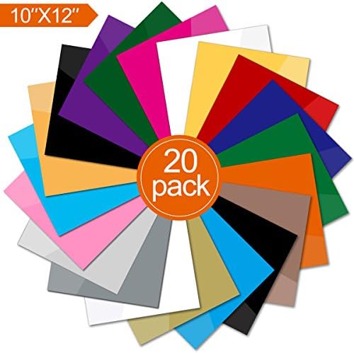 Heat Transfer Vinyl 12" x 10" - 20 Upgrade Quality Sheets Assorted Colors DIY T-Shirt Heat Transfer Bundle Iron On HTV for Cricut and and Other Cutters