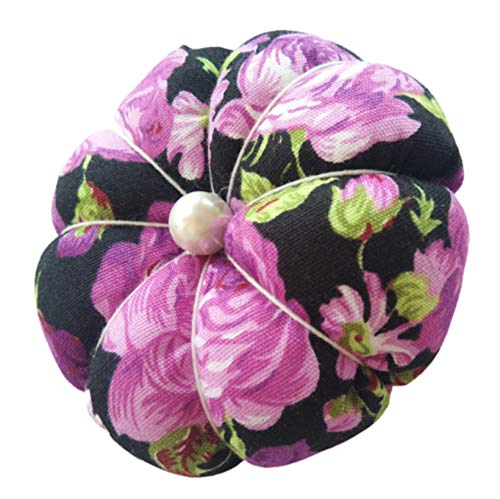 Purple Floral Flower On Black Wrist Pin Needle Cushion Adjustable Elastic Band Pincushion Wearable Cute Small Size Pumpkin Pins Needles Pincushions Holder Safety with Elastic Band for Sewing Crafting