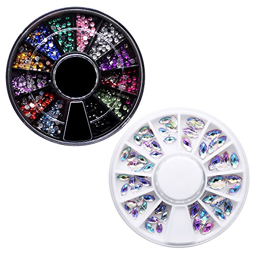 Homgaty Acrylic Nail Art Rhinestones Set, 6 Pack Nail Wheels Colourful Decoration Accessories For Girls, Mixed Size 3D Glitter Nails With Pick Up Pencil and Tweezer
