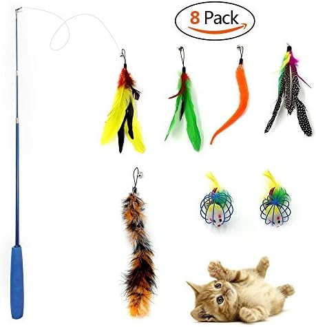 PINYU Retractable Cat Toys Interactive, 8 Pcs Feather Teaser Wand Toys Set with 5 Refills Feathers &amp; 2 Caged Cat Dolls &amp; 1 Wands