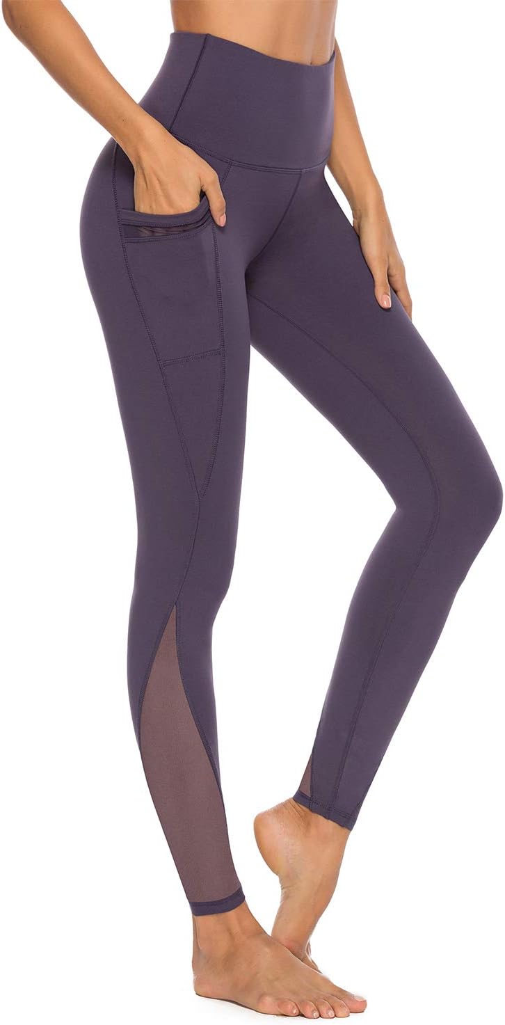 Women’s High Waist Mesh Yoga Leggings with Side Pockets, Tummy Control Workout Squat-Proof Yoga Pants