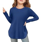 ZDC Girls Long Sleeve Shirts Kids Crewneck Soft Tunic Tops 5-14 Years | Solid Color, Casual Loose Fit, Basic Tees, Curve Hem, Side Slit, Fashion Clothes