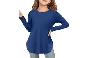 ZDC Girls Long Sleeve Shirts Kids Crewneck Soft Tunic Tops Curve Hem Side Slit T-Shirts 5-14 Years