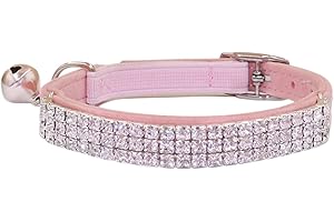 THAIN Rhinestones Cat Dog Collar Soft Velvet Safe Adjustable Collar Bling Diamante with Bells, 8-11 inch for Small Dogs and Cats (Pink)