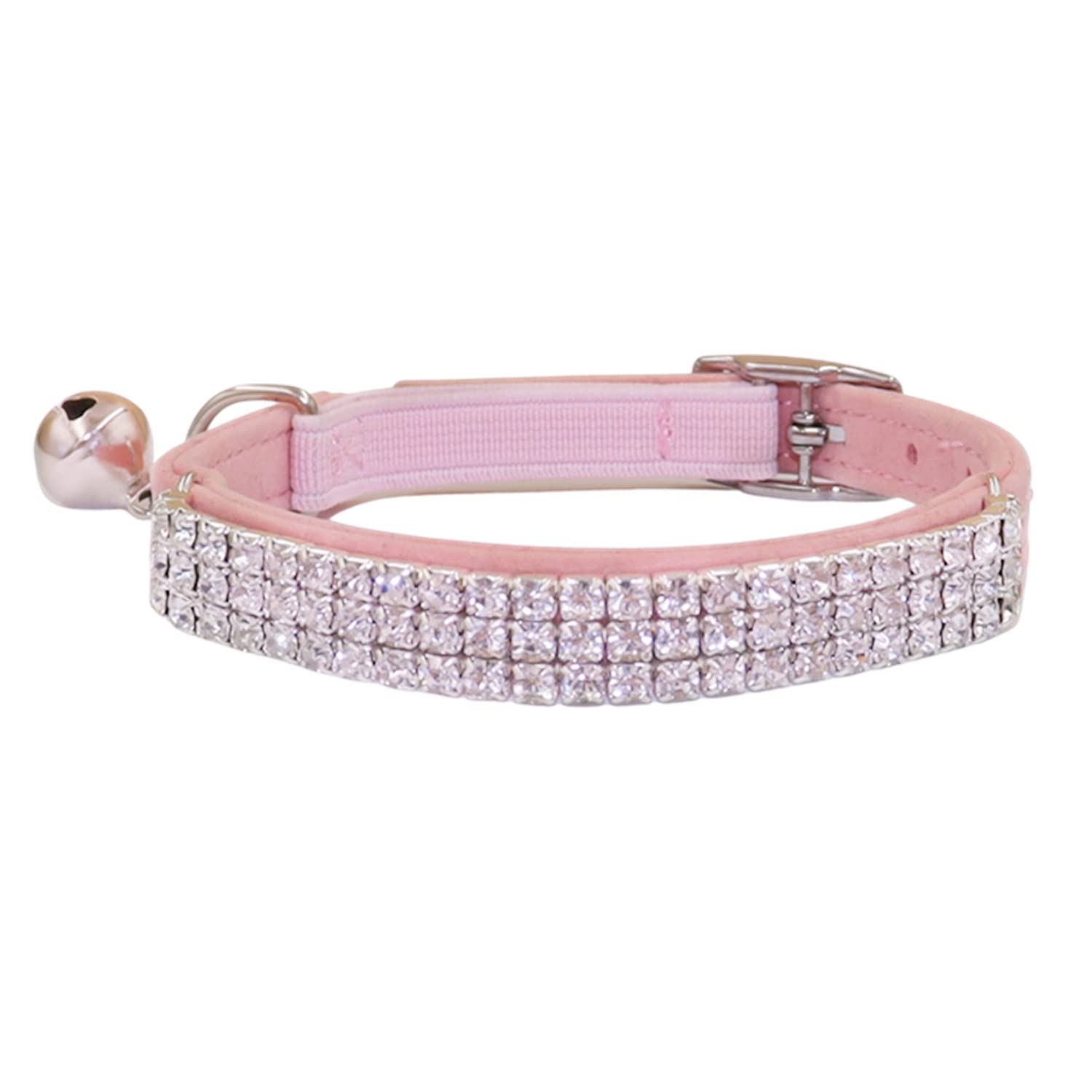 Photo 1 of THAIN Rhinestones Cat Dog Collar Soft Velvet Safe Adjustable Collar Bling Diamante with Bells, 8-11 inch for Small Dogs and Cats (Pink)