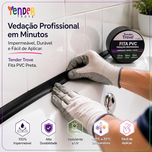 Tender Trove Fita Vedacao PVC Preta Para Banheiro Cozinha e Eletrodomesticos, Impermeavel Prova Dagua, Veda Frestas e Impede Insetos, 3,8cm x 3,2m (1)