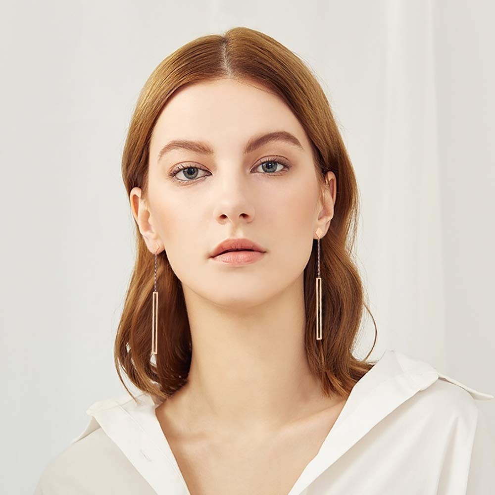 dnswez Rose Gold Long Straight Strip Earrings Drop Studs Stainless Steel for Women Dangle Line Earring Small Bar Fashion Jewelry