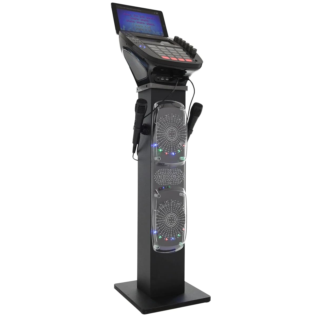 Easy Karaoke Bluetooth Karaoke System with Speaker Pedestal - Professional CDG System with 6 Speakers, LED Disco Lights, 7" Colour TFT Screen + 2 Microphones