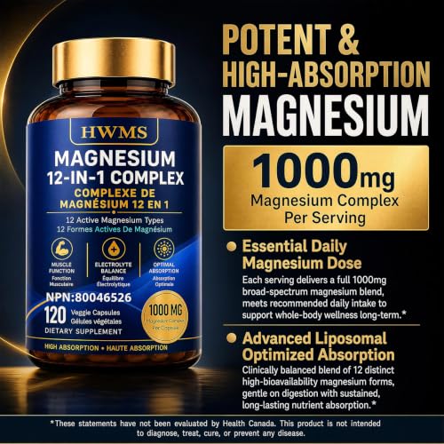 Magnesium Complex 1000mg 12 in 1 Magnesium Supplement with Glycinate Citrate Malate Oxide Taurate Aspartate Orotate Magnesium Relaxation,Muscle, Vegan 120 Capsules