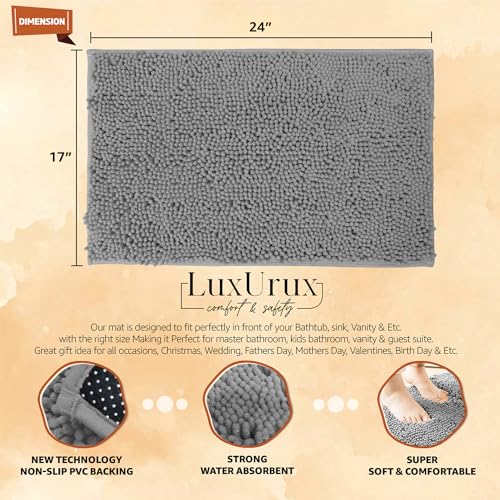 LuxUrux Small Bath Mat – AS-SEEN-ON-TV – Extra-Soft Plush Shower Rug, 42 x 60 cm Compact Chenille Microfiber Bathroom Rug, Super Absorbent Shaggy Bath Mat (Light Grey)