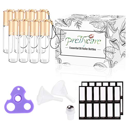 Roller Balls For Essential Oils 10ml (Clear Glass Bottles with Gold Key Chain Lids, 8 Pack, 24 Labels, Opener, 2 Funnels by PrettyCare) Essential Oil Roller Bottles, Roll on Bottles