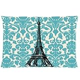 Teal Turquoise Damask Vintage French Floral Swirls With Paris Eiffel Tower Zippered Pillow Case Decor Pillow Covers Soft Rectangle Pillowcase 20
