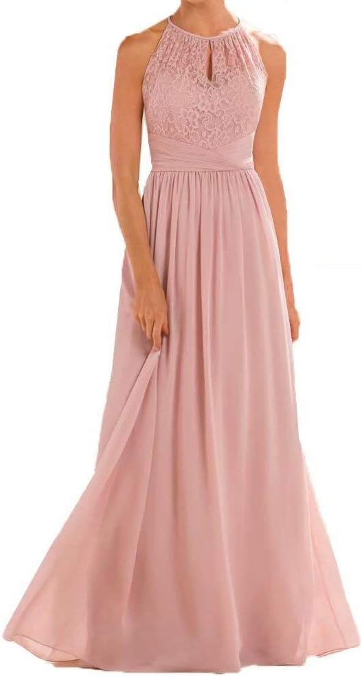 High Neckline Halter Lace Bridesmaid Dresses Long A-line Chiffon Floor-Length Formal Gowns