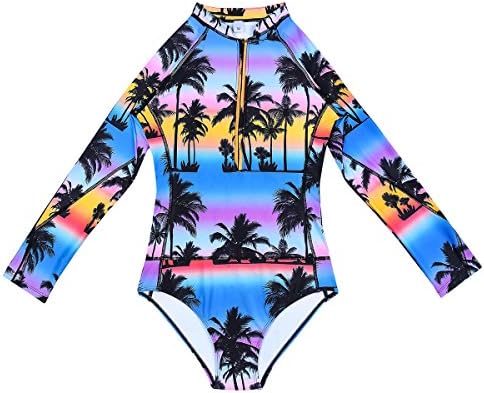 Jaberai Long Sleeve Tropical Printing One Piece Swimsuit,Rash Guard Bathing Suit for Women(Printing-M)